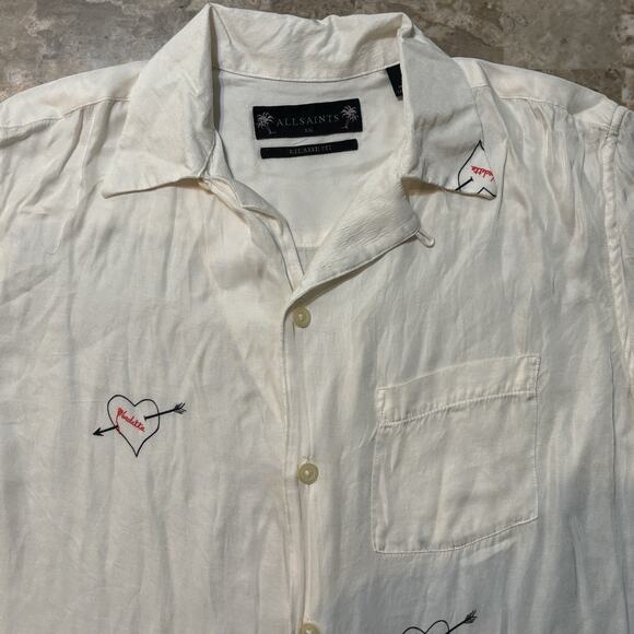 All Saints Hawaiian Shirt Mens XS Relaxed Fit Bow Hearts Camp Loop Collar - Picture 1 of 8